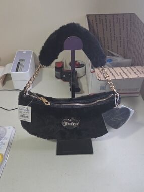 Juicy Couture Black Faux Fur Mini Baguette with Gold Chain
